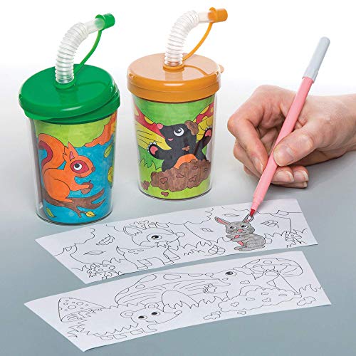 Baker Ross Vasos de animales del bosque con pajita flexible para colorear (pack de 3) para manualidades infantiles