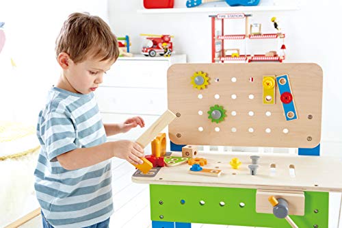 Banco Carpintero de Hape, Banco de Herramientas de Madera para Niños y Niñas Galardonado, Juego de Rol, Juego de Construcción Creativo, Banco Carpintero de 35 Piezas con Altura Ajustable