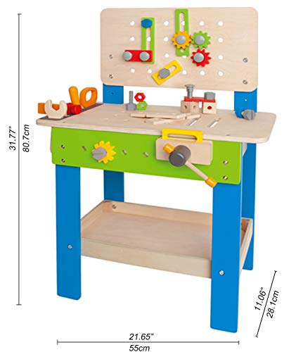 Banco Carpintero de Hape, Banco de Herramientas de Madera para Niños y Niñas Galardonado, Juego de Rol, Juego de Construcción Creativo, Banco Carpintero de 35 Piezas con Altura Ajustable