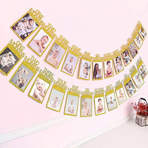 Banner de Foto de Bebé de Cumpleaños Foto Bunting Guirnalda Decoración 12 Meses Fotografía Bebé Marco Foto Bunting Guirnalda Decoración para Decoración Fiesta, Baby Shower, Bautismo, Comunión