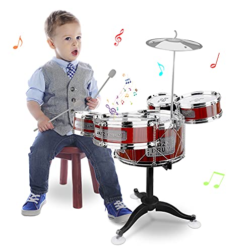 Bateria Infantil para niños，8 Piezas Jazz Batería Instrumento Percusión Musical con 5 Tambores 1 Platillo y 2 Baquetas ,Musical Educativos Regalo de Navidad para Niños y Niñas de 3 Años, Rojo