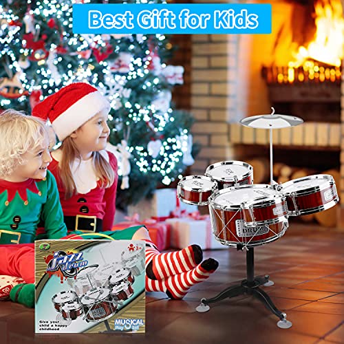 Bateria Infantil para niños，8 Piezas Jazz Batería Instrumento Percusión Musical con 5 Tambores 1 Platillo y 2 Baquetas ,Musical Educativos Regalo de Navidad para Niños y Niñas de 3 Años, Rojo