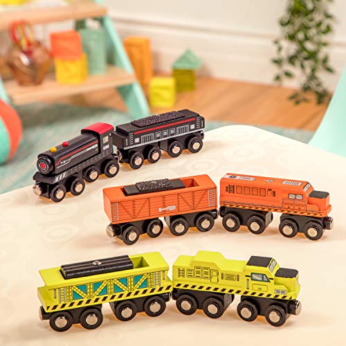 Battat BT2638Z Locomotora & Freight Cars – Juego de Tren de Juguete clásico de Madera con Locomotora y Coches para niños y coleccionistas de 3 años y más (6 Unidades), Amarillo, Naranja y Negro