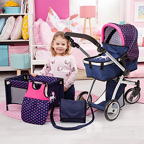 Bayer Design Cochecito Grandes, Carrito para muñeca Combi Milano, Altura Ajustable, Mega Set con Muchos Accesorios, Cuna de Viaje, Bolso de Bandolera y Mucho más, Color Azul, Rose (18354AC)