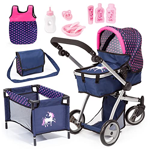 Bayer Design Cochecito Grandes, Carrito para muñeca Combi Milano, Altura Ajustable, Mega Set con Muchos Accesorios, Cuna de Viaje, Bolso de Bandolera y Mucho más, Color Azul, Rose (18354AC)