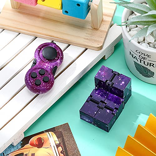 BBTO Set de Juguete de Cubo Infinito y Juguete Fidget de Almohadilla, Controlador de Almohadilla Fidget de Cielo Estrellado Morado Juguete para Aliviar Ansiedad Matar Tiempo para Adultos