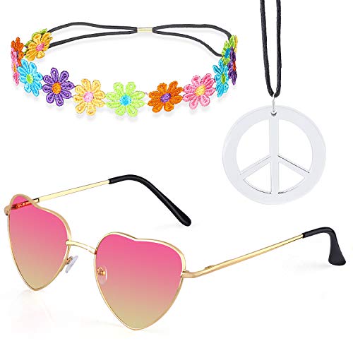 Beelittle Hippie Costume Set - Estilo Retro de los años 60 Gafas Vintage Signo de la Paz Collar Corona de Girasol Banda para el Cabello Conjunto de Accesorios de aderezo de Hippie de los años 60 (D)