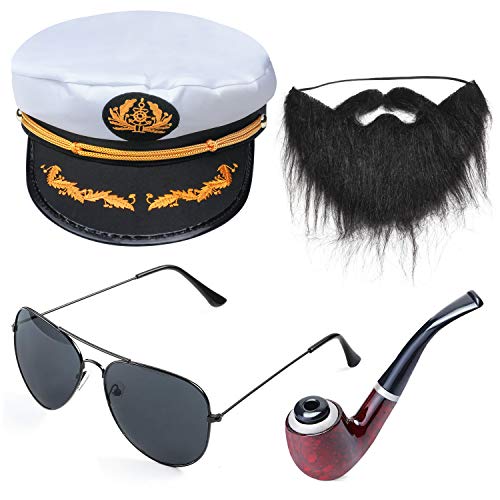 Beelittle Yacht Capitán Sombrero Accesorios de Disfraces Conjunto Barco Ajustable Marinero Nave Skipper Gorra Aviador Gafas de Sol Pipa de Tabaco con Accesorios de diseño de Ancla (G)