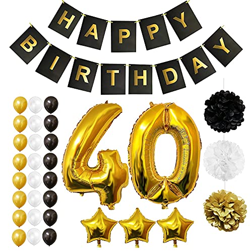 BELLE VOUS Decoración Cumpleaños # 40 Globos Aluminio Número y Estrella – Pancarta Reutilizable Happy Birthday Negro y Dorado – Globos Cumpleaños Látex Negro, Blanco y Dorado - Pompones para Decorar