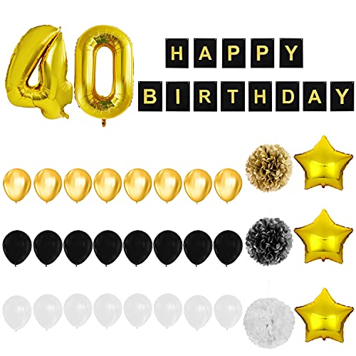 BELLE VOUS Decoración Cumpleaños # 40 Globos Aluminio Número y Estrella – Pancarta Reutilizable Happy Birthday Negro y Dorado – Globos Cumpleaños Látex Negro, Blanco y Dorado - Pompones para Decorar