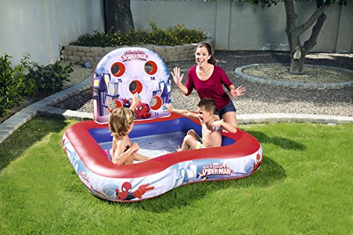 BESTWAY 98016 - Piscina Hinchable Infantil de Juegos Spiderman 155x155x99 cm con 6 Pelotas de Colores para Encestar en el Respaldo Hinchable con Puntuaciones