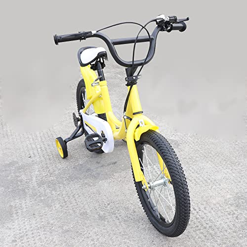 Bicicleta infantil de 16 pulgadas, bicicleta infantil con ruedas de apoyo, rueda auxiliar, marco amarillo, aleación de acero al carbono, con rueda auxiliar