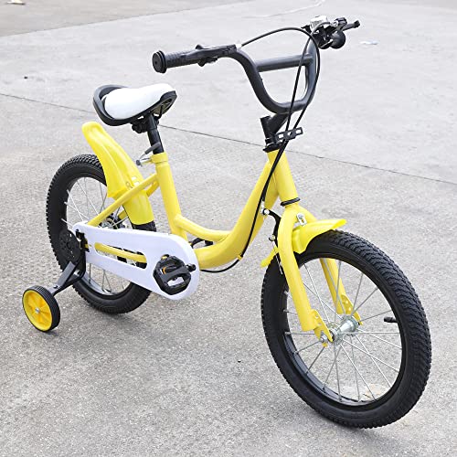 Bicicleta infantil de 16 pulgadas, bicicleta infantil con ruedas de apoyo, rueda auxiliar, marco amarillo, aleación de acero al carbono, con rueda auxiliar