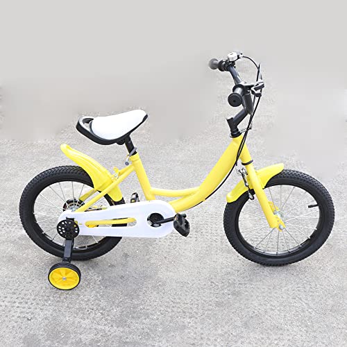 Bicicleta infantil de 16 pulgadas, bicicleta infantil con ruedas de apoyo, rueda auxiliar, marco amarillo, aleación de acero al carbono, con rueda auxiliar