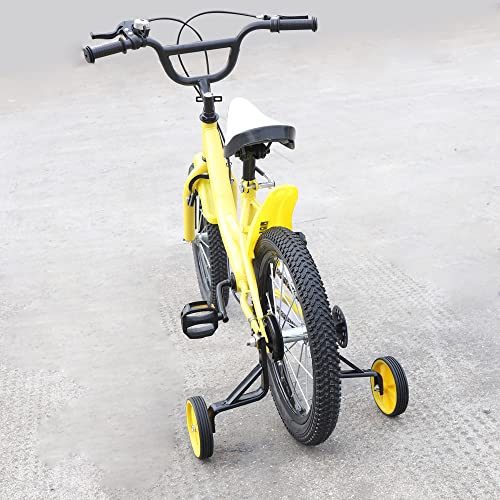 Bicicleta infantil de 16 pulgadas, bicicleta infantil con ruedas de apoyo, rueda auxiliar, marco amarillo, aleación de acero al carbono, con rueda auxiliar