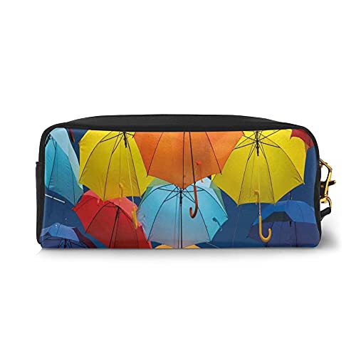 Big Capacity Pencil Case Stationery Pouch,Umbrellas Colors The Sky Traditional Portugal Festive European Culture Picture,Pen Bag with Zipper Bag for Boy Girl