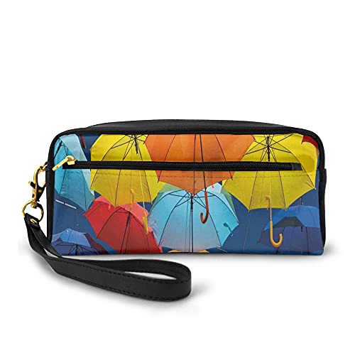 Big Capacity Pencil Case Stationery Pouch,Umbrellas Colors The Sky Traditional Portugal Festive European Culture Picture,Pen Bag with Zipper Bag for Boy Girl