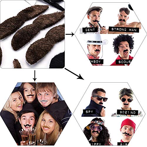 Bigotes Postizos Bigotes Autoadhesivos,60 Pack Juego de bigotes falsos para Disfraz, DIY Photo Booth Fancy Dress Falso Tash Accessorios para boda, cumpleaños, graduación,Fiesta de Halloween