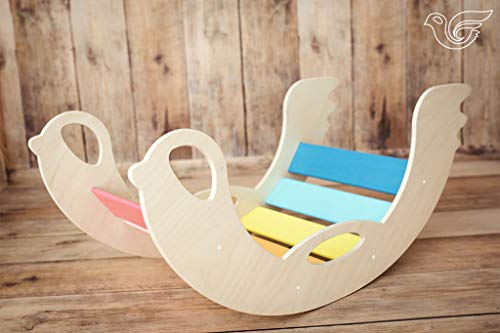 Birdie Rainbow - Silla mecedora para bebé, juguete activo de madera para niños pequeños, hecho a mano por Craftsman hermosos muebles de guardería