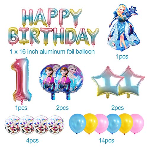 BKJJ Frozen Globos Cumpleaños Decoracion Frozen Elsa Cumpleaños 1 año Themed Decoraciones de Fiesta Globo de Látex Pancarta de “HAPPY BIRTHDAY” Suministros para Fiestas