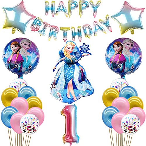 BKJJ Frozen Globos Cumpleaños Decoracion Frozen Elsa Cumpleaños 1 año Themed Decoraciones de Fiesta Globo de Látex Pancarta de “HAPPY BIRTHDAY” Suministros para Fiestas