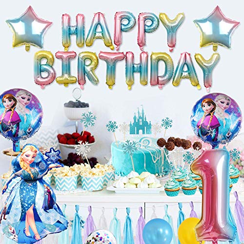 BKJJ Frozen Globos Cumpleaños Decoracion Frozen Elsa Cumpleaños 1 año Themed Decoraciones de Fiesta Globo de Látex Pancarta de “HAPPY BIRTHDAY” Suministros para Fiestas