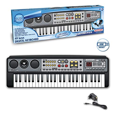 Bontempi- Organo ELECTRONICO 49 Teclas Adaptador Y Conector USB Sonidos 100 RITMOS con MP3 57X25X18CM, Multicolor (154900)