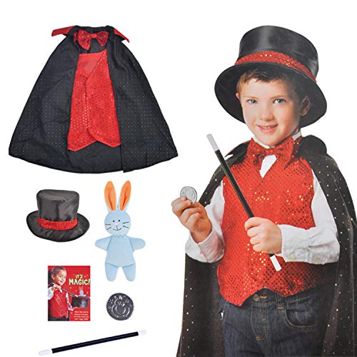 boogift Disfraz Mago niño-Trucos Magia Set Infantil-Disfraz de Mago para niños Juego de Magia,Accesorios Capa Mago Gorro Mago Varita Mago Guantes Mago Disfraz de rol para Carnaval Halloween Fiesta