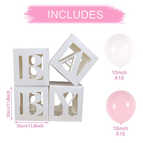 Cajas de globos para decoración de baby shower,4 piezas de bloques de bricolaje para bebés,cajas transparentes blancas con letra de BABY,globos rosados para niñas,baby shower,fiesta de cumpleaños rosa