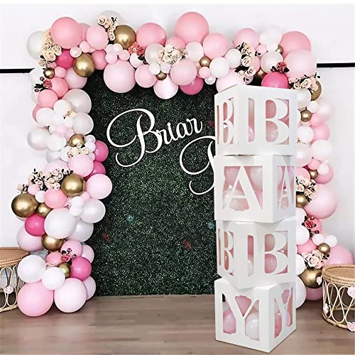 Cajas de globos para decoración de baby shower,4 piezas de bloques de bricolaje para bebés,cajas transparentes blancas con letra de BABY,globos rosados para niñas,baby shower,fiesta de cumpleaños rosa