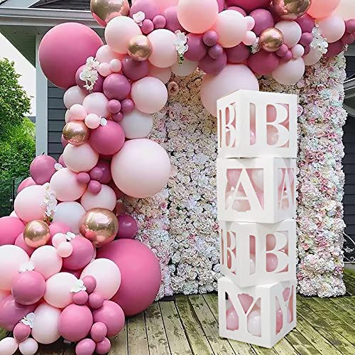 Cajas de globos para decoración de baby shower,4 piezas de bloques de bricolaje para bebés,cajas transparentes blancas con letra de BABY,globos rosados para niñas,baby shower,fiesta de cumpleaños rosa