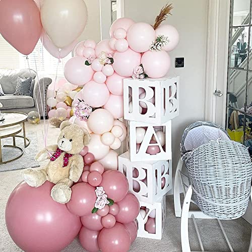 Cajas de globos para decoración de baby shower,4 piezas de bloques de bricolaje para bebés,cajas transparentes blancas con letra de BABY,globos rosados para niñas,baby shower,fiesta de cumpleaños rosa