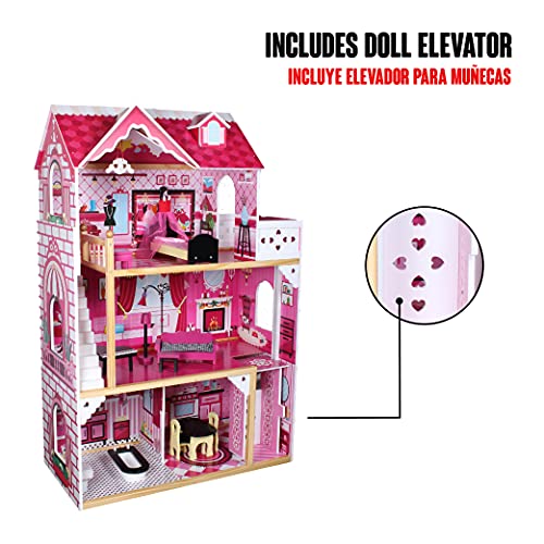 Calma Dragon Casa de Muñecas W06A101, de Madera con Muebles Incluidos, Mansion para muñecas, 3 Pisos para muñecas de 30cm, con Ascensor y 11 Accesorios.