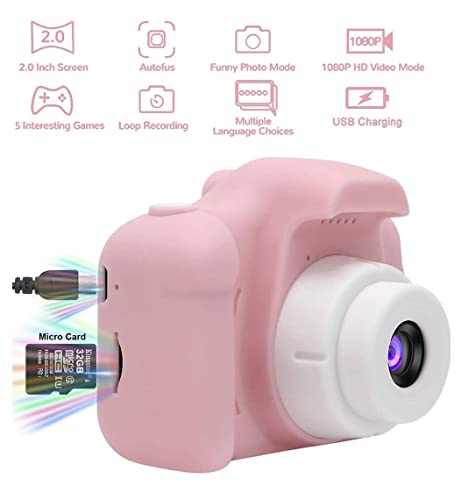 Cámara de fotos para niños, mini cámara digital para niños, 1080P HD, cámara de fotos antichoques, vídeo para niñas, niños de 3 a 12 años (tarjeta 32G SD incluida)