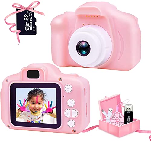 Cámara de fotos para niños, mini cámara digital para niños, 1080P HD, cámara de fotos antichoques, vídeo para niñas, niños de 3 a 12 años (tarjeta 32G SD incluida)