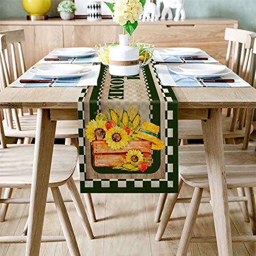 Camino de mesa de arpillera de lino para mesas de comedor de 35,5 x 182,8 cm, cultivos y girasoles con enrejado blanco y negro para fiestas de vacaciones, cocina, decoración de boda