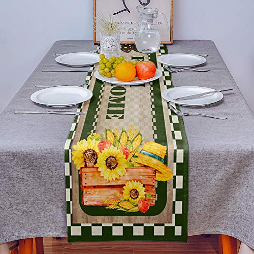 Camino de mesa de arpillera de lino para mesas de comedor de 35,5 x 182,8 cm, cultivos y girasoles con enrejado blanco y negro para fiestas de vacaciones, cocina, decoración de boda