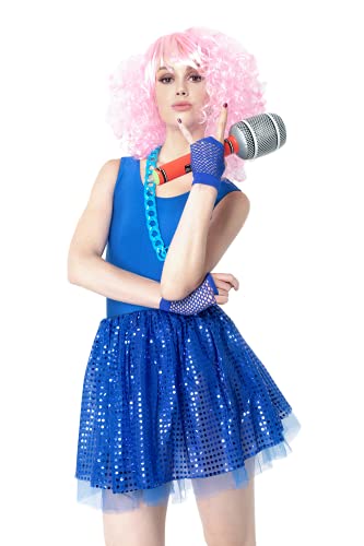 Carnavalife Disfraces para Mujer 80s con Accesorios para Cosplay de Halloween, Peluca Rosa Rizado, Collar de Azul, Guantes azules, Micrófono Hinchable, Body azul y Tutu Falda (Modelo C, XXL)