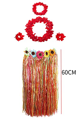 Carnavalife Falda Hawaiana con Collar Pulseras y Diadema de Flores, Disfraces Guirnalda con Elástica para Niñas Mujer Adultos,Pack de 5 piezas (multi color（60cm）)