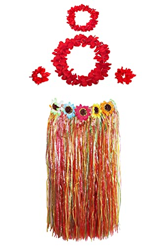 Carnavalife Falda Hawaiana con Collar Pulseras y Diadema de Flores, Disfraces Guirnalda con Elástica para Niñas Mujer Adultos,Pack de 5 piezas (multi color（60cm）)