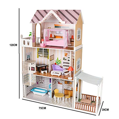 Casa de Muñecas Laia Outdoor Toys Madera y MDF 75x39x120 cm con Luz LED 18 Accesorios de Mobiliario y 3 Pisos