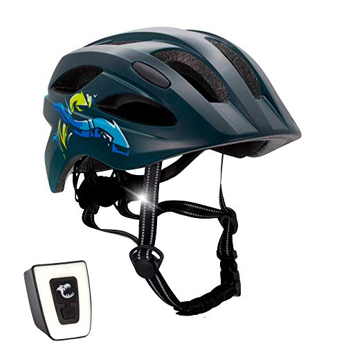 Casco de Bicicleta para niños Ajustable de tamaño Infantil a Juvenil | Tamaño 54-58 | Precioso Casco de Bicicleta para niños y niñas | Luz LED incorporada Recargable | Homologado por la CE