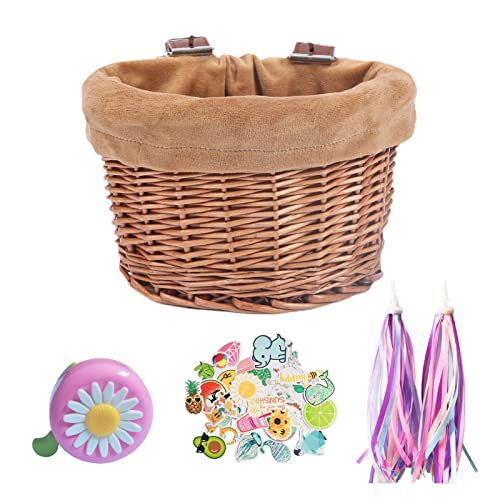 Cesta de bicicleta para niños, kit de accesorios de decoración del manillar delantero de bicicleta para adornos de bicicleta, juego de pegatinas de campana de serpentinas para cesta de bicicleta para