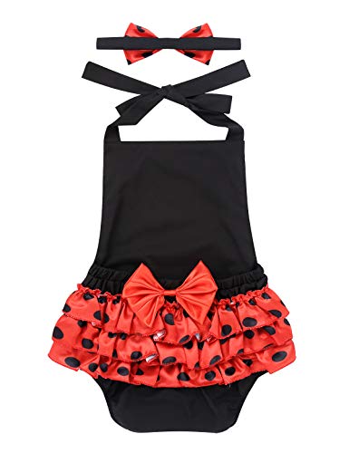 CHICTRY Disraz de Mariquita con Diadema Mamuluco de Bebé Niña Vestido Infantil Cuello Halter + Diadema Lunares Cosplay Halloween Fiesta Negro 6-12 Meses