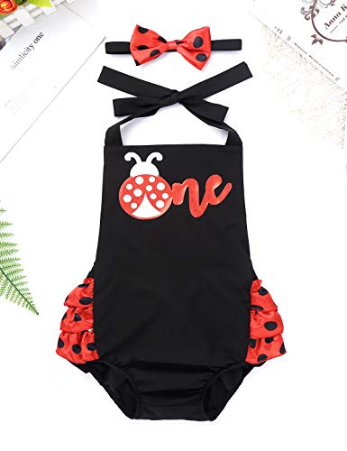 CHICTRY Disraz de Mariquita con Diadema Mamuluco de Bebé Niña Vestido Infantil Cuello Halter + Diadema Lunares Cosplay Halloween Fiesta Negro 6-12 Meses