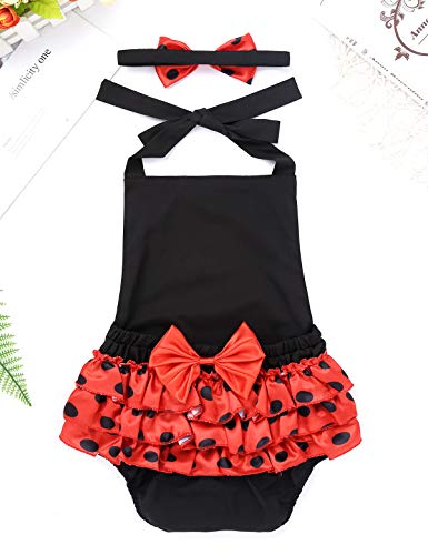 CHICTRY Disraz de Mariquita con Diadema Mamuluco de Bebé Niña Vestido Infantil Cuello Halter + Diadema Lunares Cosplay Halloween Fiesta Negro 6-12 Meses