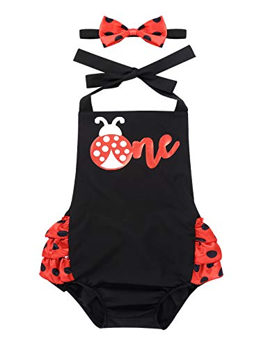 CHICTRY Disraz de Mariquita con Diadema Mamuluco de Bebé Niña Vestido Infantil Cuello Halter + Diadema Lunares Cosplay Halloween Fiesta Negro 6-12 Meses