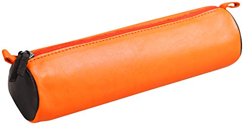 Clairefontaine 8391C - Trousse Scolaire Ronde Ø5,5x22 cm en Véritable Cuir Bicolore, Orange/Marron