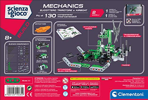 Clementoni- Ciencia Build – Helicóptero trirotor y Airbot, construcción, Laboratorio mecánico, Juego científico (versión en Italiano), niños 8 años +, Fabricado en Italia, Multicolor (19235)