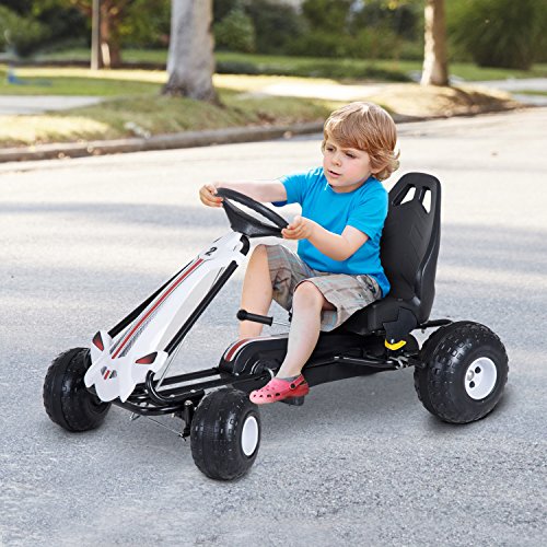 Coche de Pedales Go Kart Racing Deportivo con Asiento Ajustable Embrague y Freno Juguete Exterior 101.5x65.5x59.5cm Marco Hierro Blanco y Negro